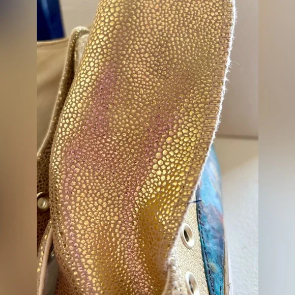 Converse Gold Leather with Custom leather panels painted by Annie Chajin. OOAK - Picture 10 of 11